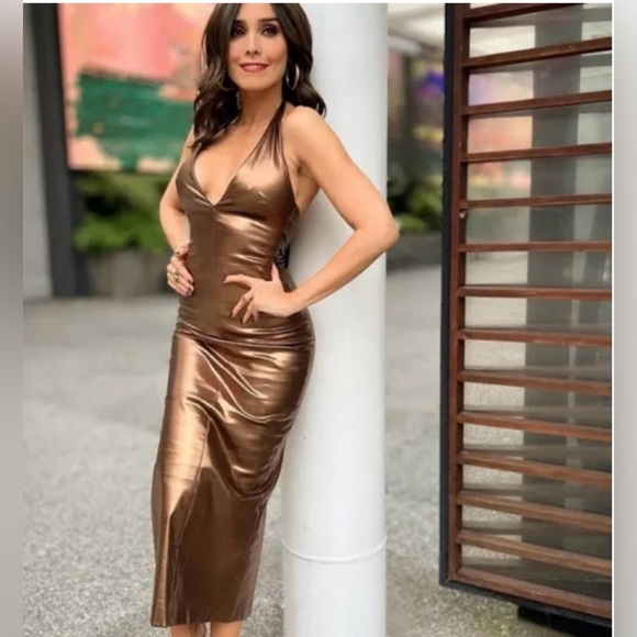 🤎❤️‍🔥Zara Metallic Bronze STUNNING Halterneck Midi Dress🤎❤️‍🔥SZ XS-NWT - Picture 2 of 16